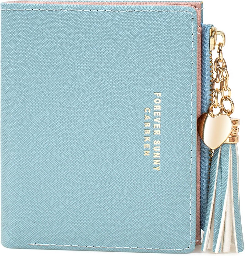 KOTORA Womens Small Wallet Girls Tiny Slim Wallets Pretty Mini Card Holder Thin Short Zip Coin Purse with Love Pendant and Tassels (Blue) - Image 1